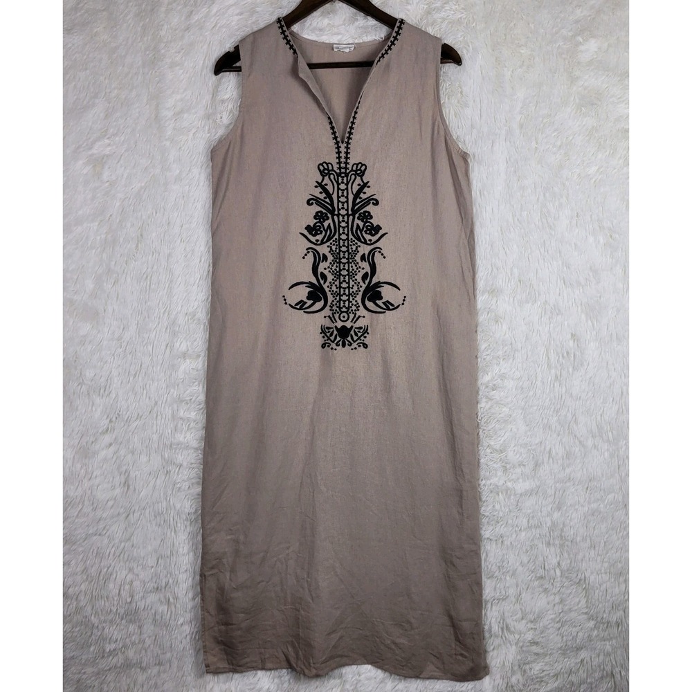 Sigrid Olsen Womens Tan Linen Blend Embroidered Sleeveless Midi Dress Small